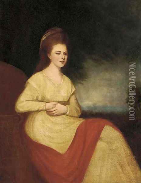 Portrait of a lady, seated three-quarter-length, in a cream dress and red wrap Oil Painting - George Romney