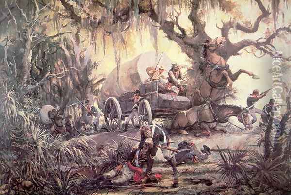 Seminole indians ambush a US marines supply wagon, 11th September 1812 Oil Painting - C.H. Waterhouse