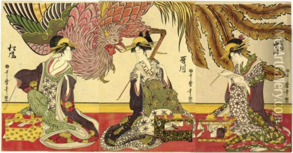 ````matsubaro Sanbijin Harimise' (three Beauties On Display In The House Of Matsuba) Oil Painting - Kitagawa Utamaro
