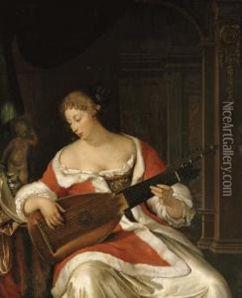 A Lady Playing A Lute In An Interior Oil Painting - Eglon Hendrick Van Der Neer