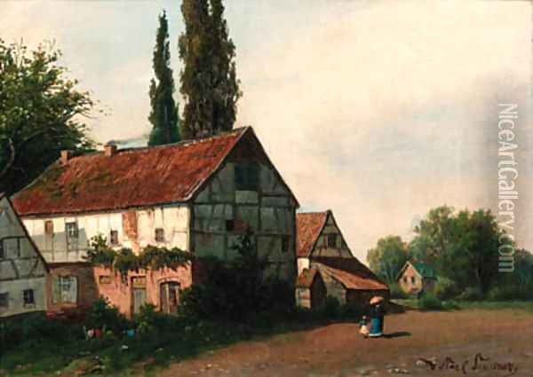 Figures before a village Oil Painting - German School