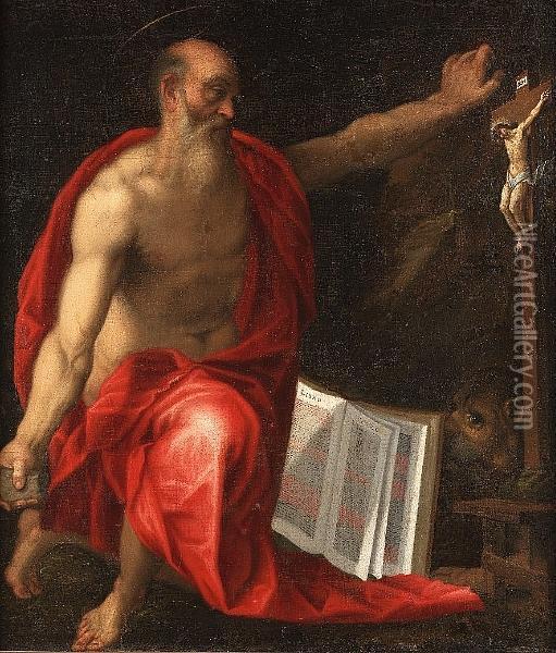 Saint Jerome In Penitence Before The Cross Oil Painting - Girolamo Muziano