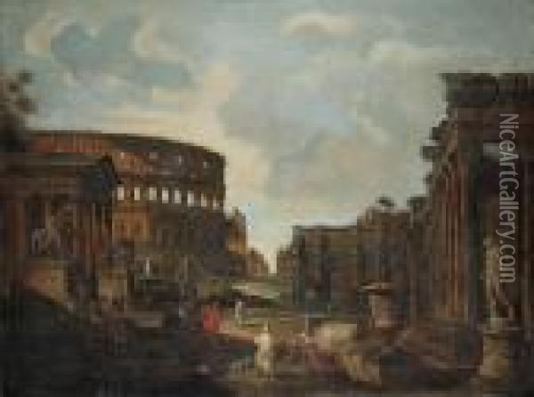 A 
 Of Roman Ruins With The Colosseum And The Arch Of Constantine Oil Painting - Giovanni Niccolo Servandoni