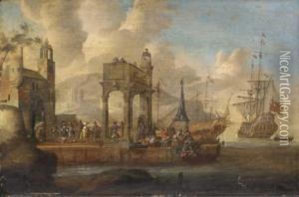 A Mediterranean Harbour With Merchants On A Quayside Oil Painting - P.V.M Monogrammista