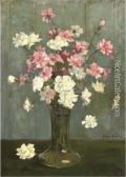 Anjers: Pink And White Carnations Oil Painting - Frans David Oerder