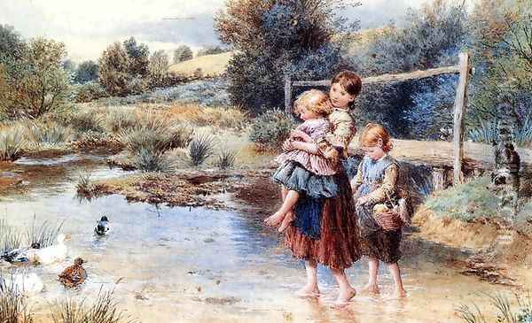 Children Paddling in a Stream Oil Painting - Trevor Fowler