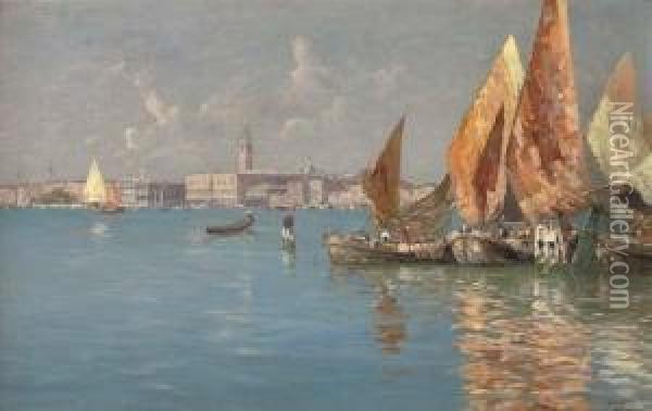 Fishing Vessels Moored Before Venice Oil Painting - Ferdinando Silvani