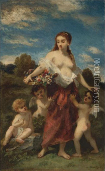Mythological Woman With Puttis Oil Painting - Narcisse-Virgile D Az De La Pena