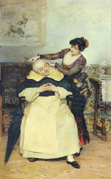 The Haircut Oil Painting - Vicente Palmaroli Y Gonzalez