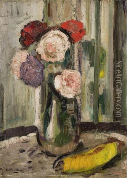Still Life With Roses And Banana Oil Painting - George Leslie Hunter