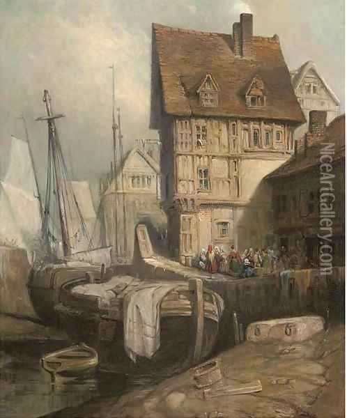 Figures in a continental harbour Oil Painting - David Roberts