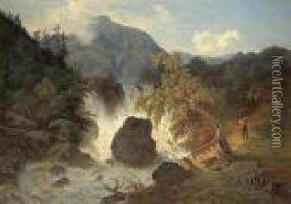 Reisender Wasserfall In Gebirgskulisse Oil Painting - Wilhelm Brandenburg