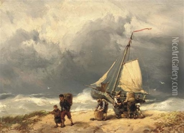 Fisherfolk On A Windswept Beach Oil Painting - Johannes Hermanus Barend Koekkoek