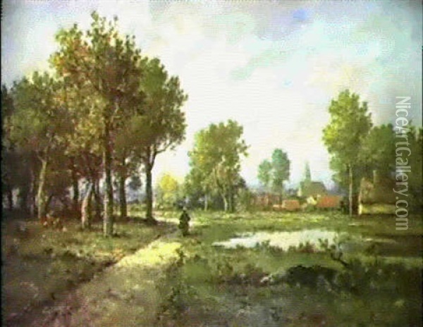A Figure Before A Village In An Extensive Landscape Oil Painting - Leon Richet