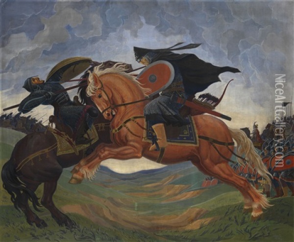 The Single Combat Between Peresvet And Chelubei Before The Battle Of Kulikovo Oil Painting - Mavriky Jacobi