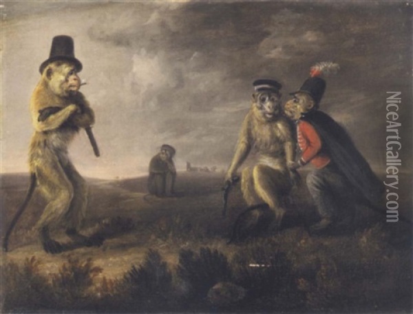 Before The Monkey Duel (+ The Aftermath, Sig.; Pair) Oil Painting - Edmund Bristow