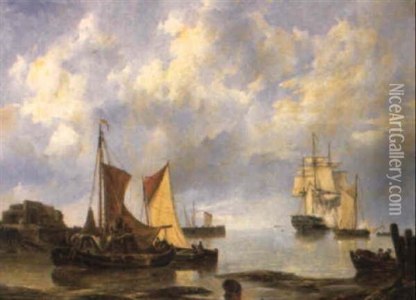 Shipping On An Estuary Oil Painting - Johannes Christiaan Schotel
