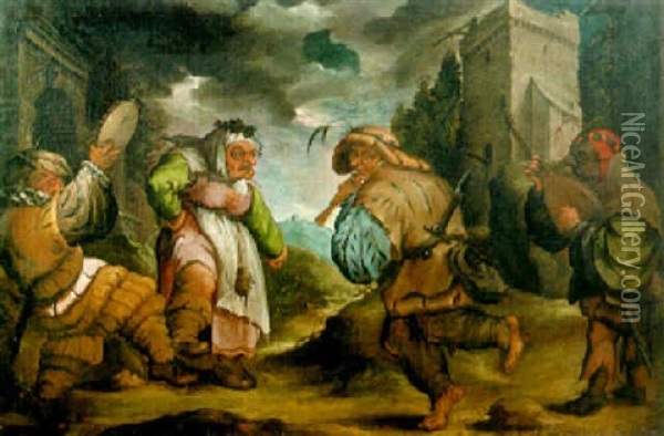 An Old Peasant Couple Dancing To A Tambourine And A Lute Oil Painting - Jacques Callot