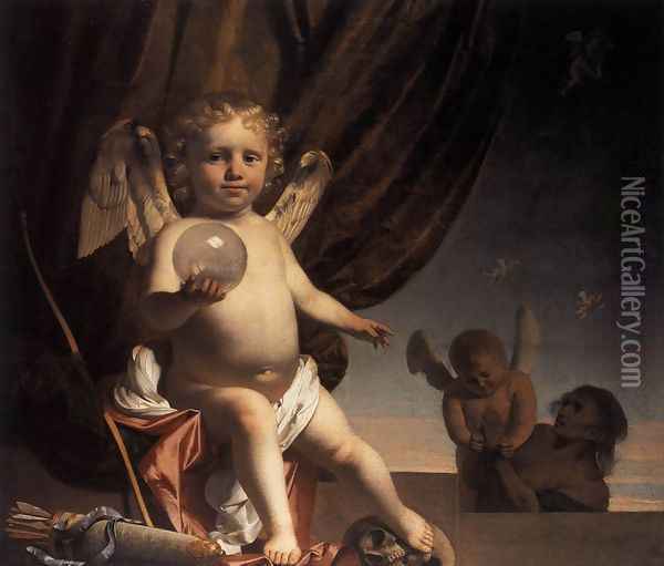 Amor Holding a Glass Orb c. 1660 Oil Painting - Caesar Van Everdingen