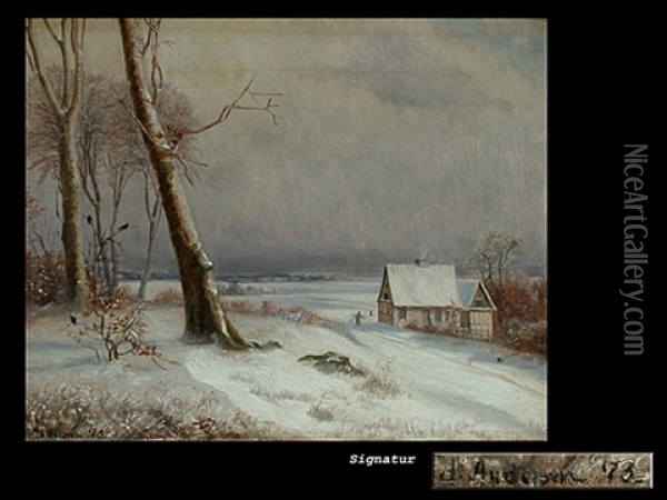 Tiefe Winterlandschaft Mit Amseln Und Gebauden Oil Painting - Anders Andersen-Lundby