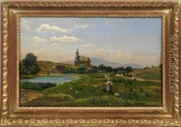 Gansehirtin In Sommerlicher Landschaft Mit Dorfkirche Oil Painting - Gustav Ranzoni