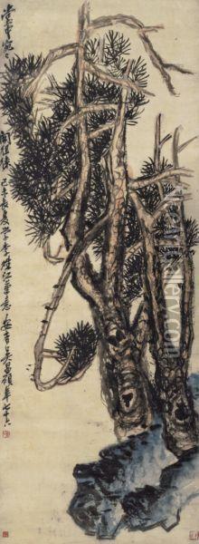 Exotic Pine And Grotesque Rock Oil Painting - Wu Changshuo
