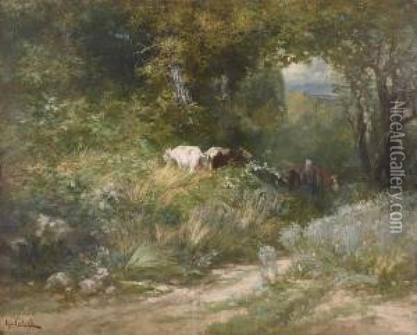 Sonnige Landschaft Mit Kleiner Viehherde. Oil Painting - Leon Georges Calves