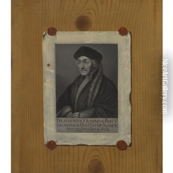 A Trompe-l'oeil Portrait Of An Engraving Of Desiderius Erasmus Affixed To Pine Panelling Oil Painting - Edward Collier