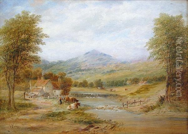 Cattle Grazing By A River Oil Painting - Alfred Gomersal Vickers