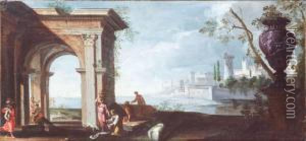 Capriccio Con Figure Oil Painting - Domenico Roberti