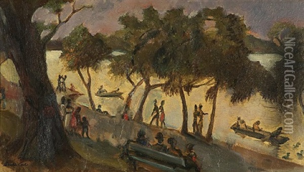 Park Scene With Boats On A Lake Oil Painting - Sergei Yur'Evich Sudeikin