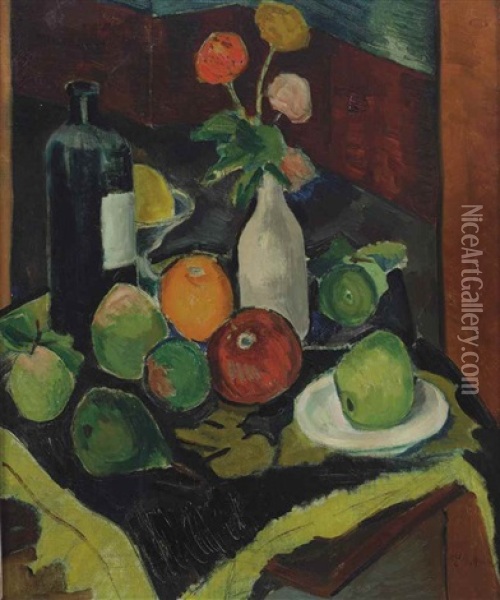A Still Life With Fruits, Flowers And A Bottle Oil Painting - Lodewijk Schelfhout