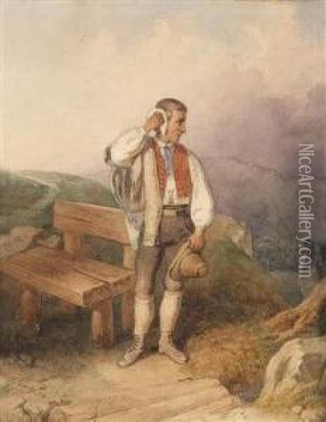 A Treveeler At Resting Place Oil Painting - Johann Baptist Wengler