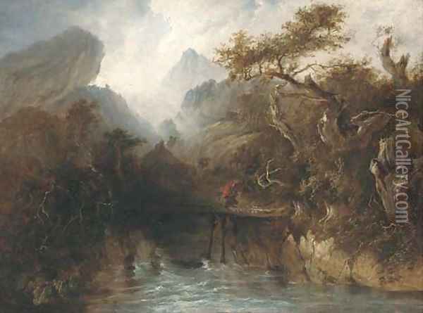 A figure crossing a gorge with an approaching storm beyond Oil Painting - Patrick Nasmyth