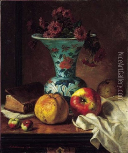 A Vase Of Crysanthemums, Apples And A Book On A Sideboard In An Interior Oil Painting - Augusta Dohlmann