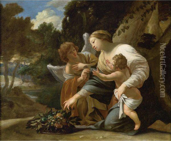 The Virgin And Child With An Angel In A Landscape Oil Painting - Aubin Vouet