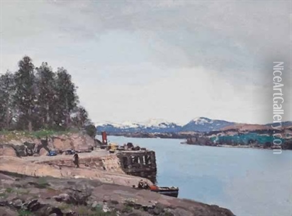 By The Jetty Oil Painting - George Houston