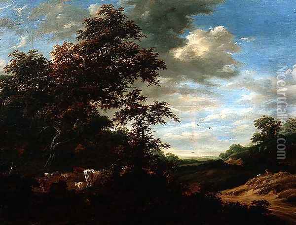 A Wooded Landscape with Cattle Oil Painting - Jacob Salomonsz. Ruysdael