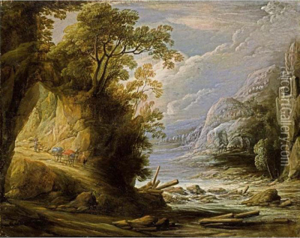 A Mountainous River Landscape With An Oriental Traveller And Donkeys On A Path Oil Painting - Jan van de Venne