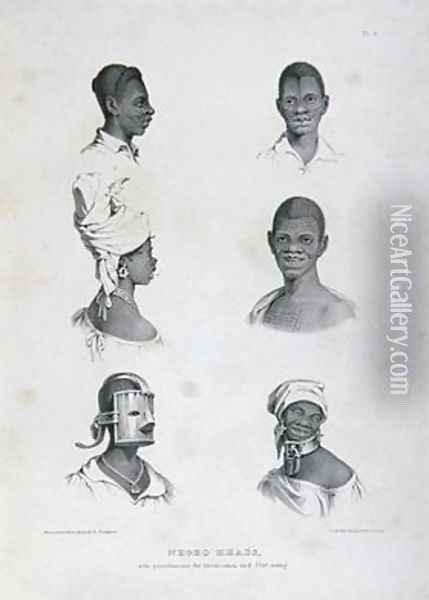 Negro Heads with punishments for Intoxication and Dirt-eating, from 'West Indian Scenery with Sketches of Negro Character', 1836 Oil Painting - Richard Bridgens