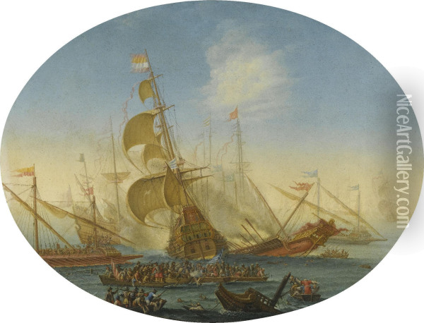A Naval Battle Between Turks And Christians Oil Painting - Orazio Grevenbroeck