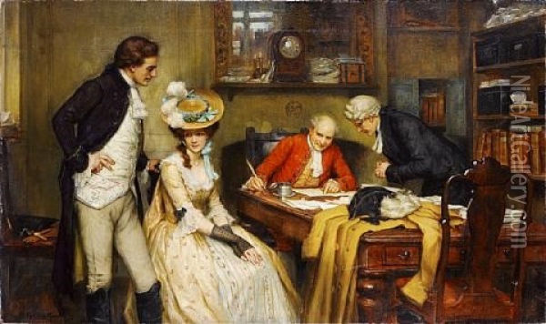 Signing The Marriage Contract Oil Painting - George Sheridan Knowles