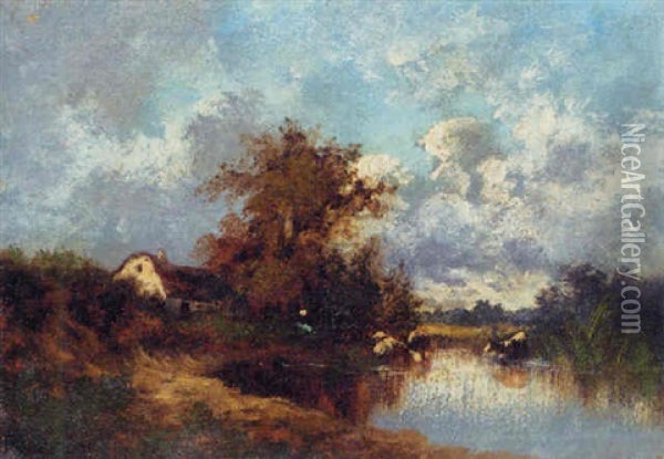 A Cottage By A Pond Oil Painting - Leon Victor Dupre