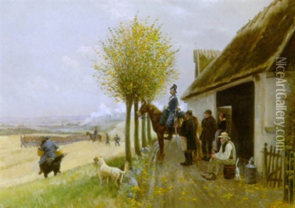 Slagscene Ved Dybbel, I Forgrunden Figurer, Heste Og Hund Ved En Bondegard Oil Painting - Simon Simonsen