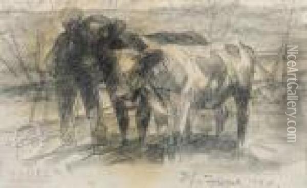 Two Cows Ona Pasture Oil Painting - Heinrich Johann Von Zugel