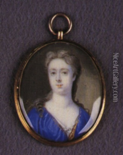 A Lady Wearing Decollete Blue Dress With Gold-figured Border And White Underslip Oil Painting - Bernard (Goupy) Lens III