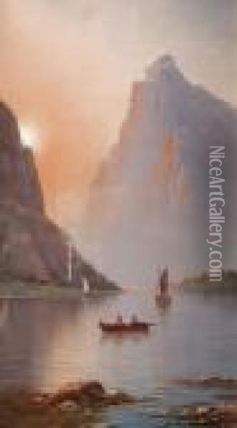 Mountainous Lake Scene With Fishing Boats Oil Painting - Nils Hans Christiansen