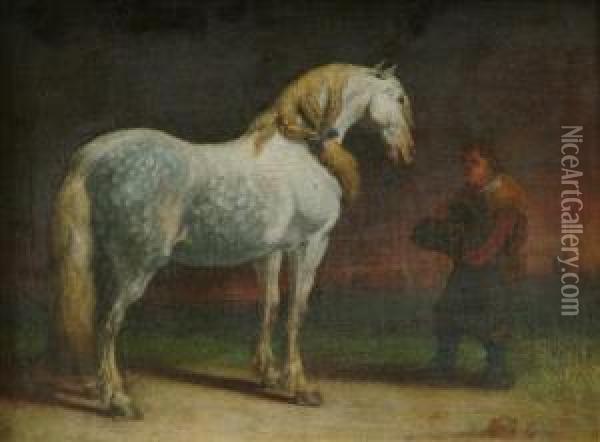 Horse Leld By Agroom Oil Painting - Barend Van Kalraet