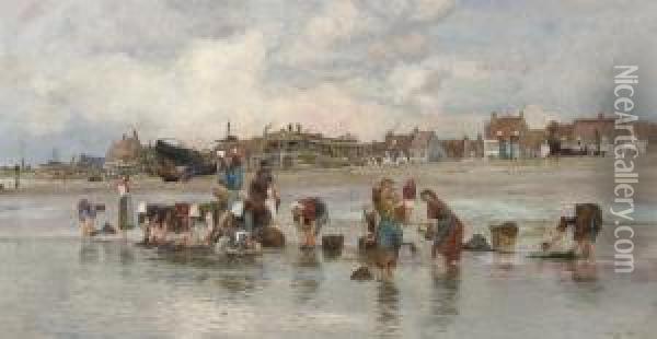 Washerwomen At The Water's Edge With Boats On The Stocks Beyond Oil Painting - Charles William Wyllie