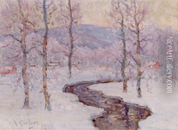 Vinterlandskap Med Trad Vid Vattendrag Oil Painting - Anton Genberg